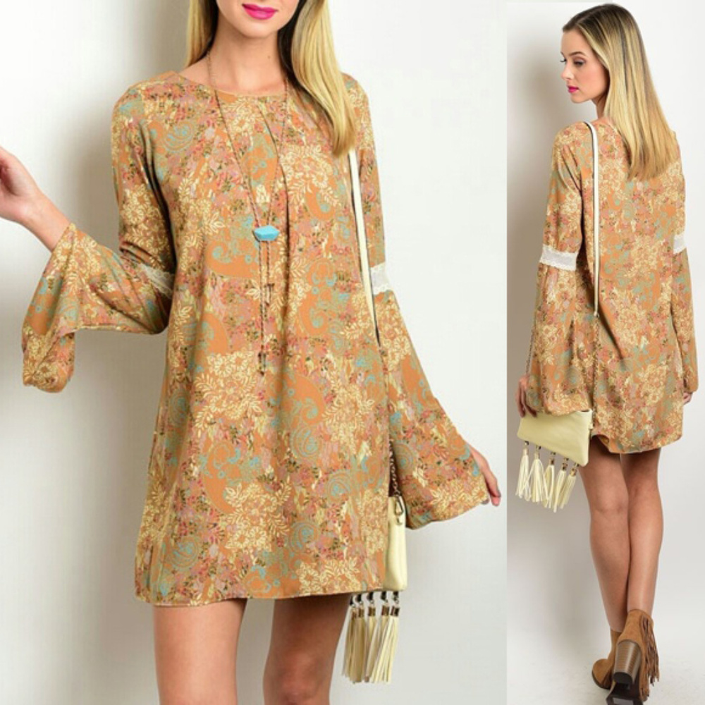 Boho Paisley Floral Bell Sleeve Shift Dress